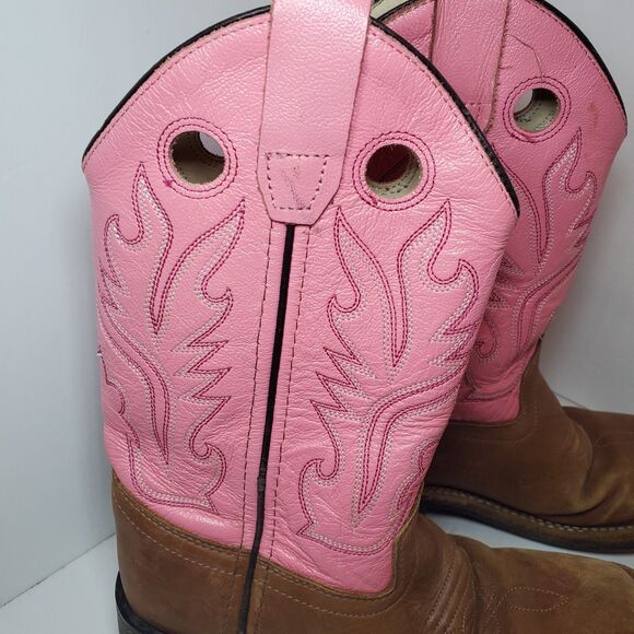OLD WEST Brown Pink Leather Square Toe Cowboy Boots Youth Girls Size 1D EUC - Picture 3 of 7